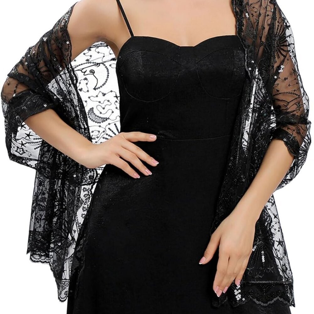 Sequin Stars Moons Shawls and Wraps for Evening Dresses,Women sparkly Sheer Mesh